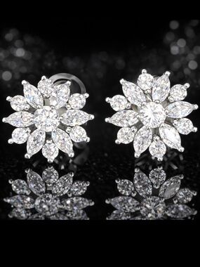 Marquise Round Cut Cz Diamond floral Silver Flower Cluster ladies Stud Earrings